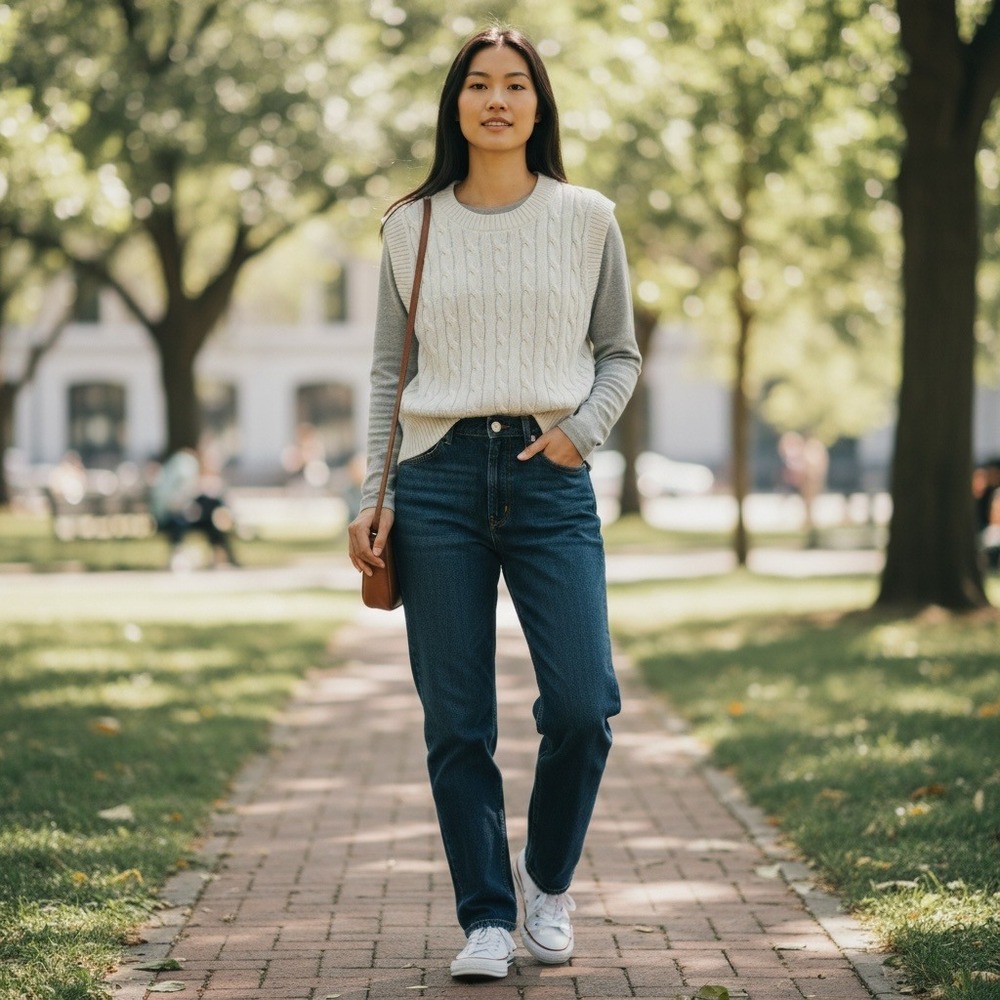 Forever 21 Cable Knit Sweater Vest Womens L White Cotton Layering Grandmacore